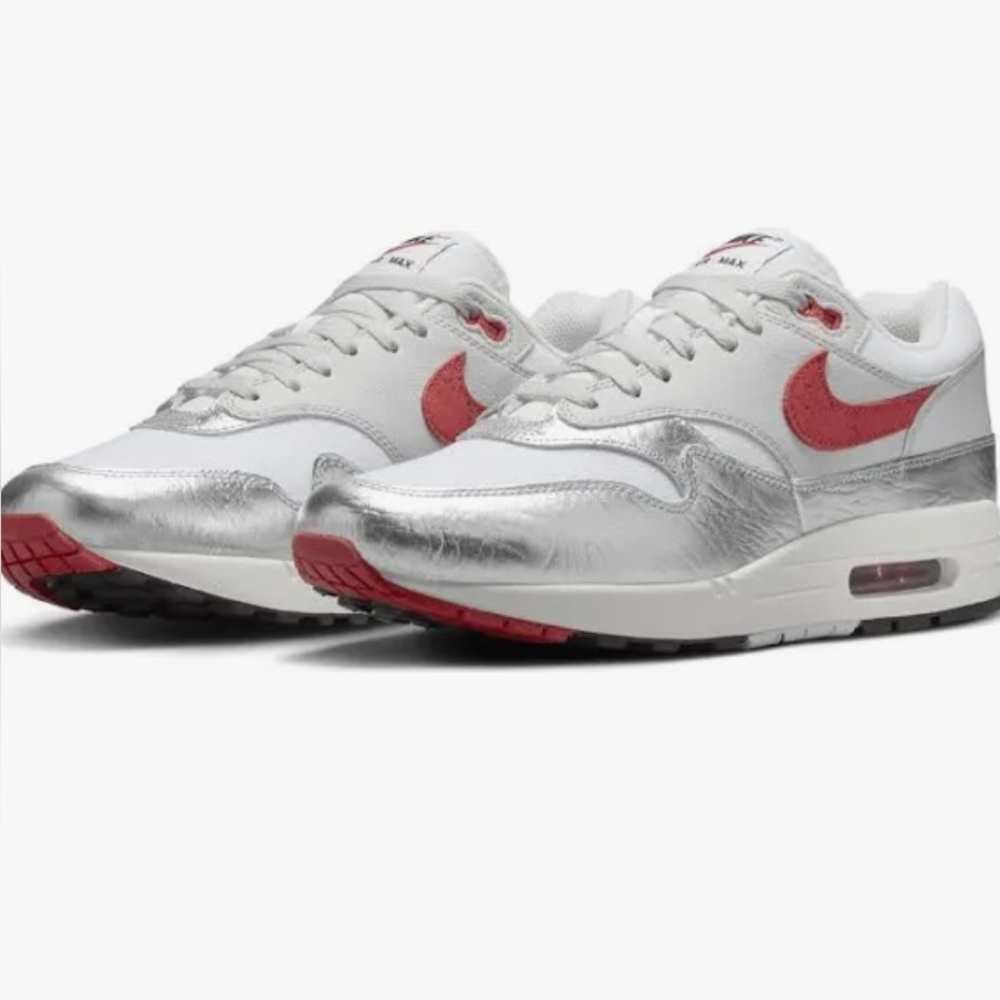 Nike Air Max 1Premium White Silver Grey Chile Red 8.5 M (10 W) BNwoT Never Worn